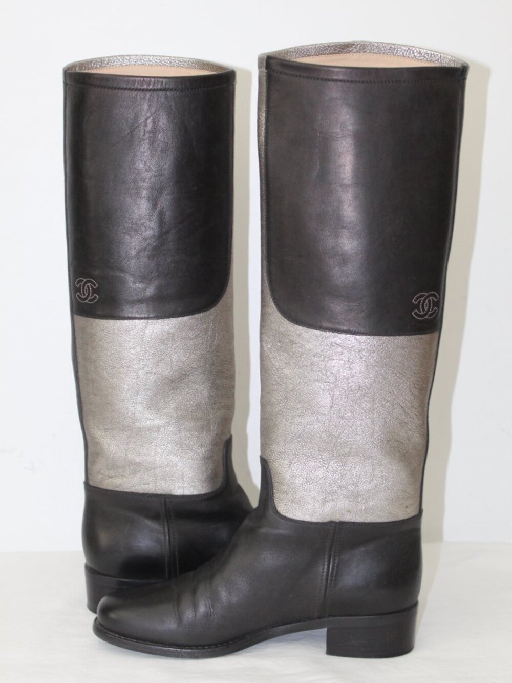Chanel Interlocking CC Logo Riding Boots Silver Black Color Blocked 41